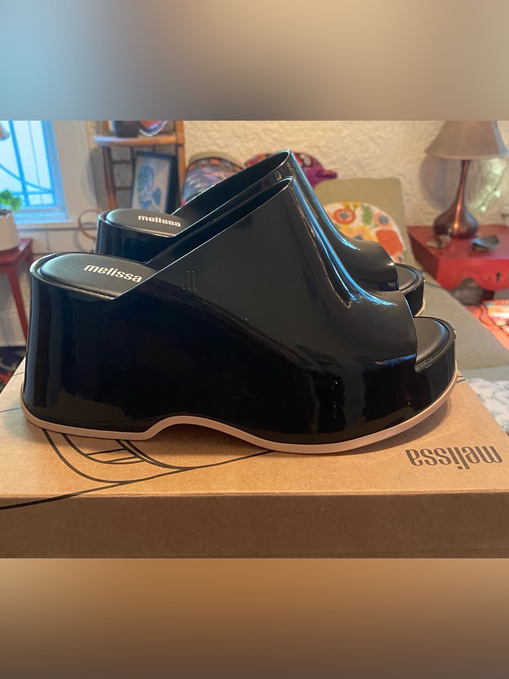 NIB Melissa Patty Platform Slip On Made in Brazil Sandals 8 Shiny Black